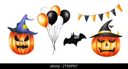Halloween-Set in Aquarellfarben mit Bällen, Kürbissen mit Hüten, Fledermaus und festlichen Flaggen. Handmalerei Orange, Schwarz, weißer Ballon sket Stockfoto