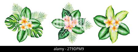 Aquarell-Set aus realistischen tropischen Bouquets Illustration mit Plumerieblumen, Monstera und Ficus Blättern isoliert auf weißem Hintergrund. Wunderschön Stockfoto