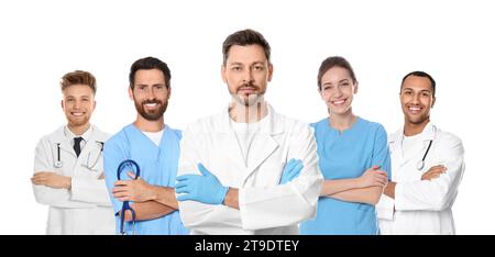 Medizinische Krankenschwestern auf weißem Hintergrund, Fotoset Stockfoto