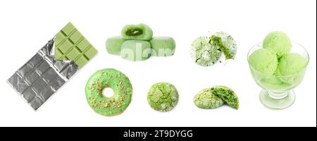 Matcha Teeprodukte, Kollektion. Eis, Schokolade, Kekse, Donut und Mochi isoliert auf weiß Stockfoto