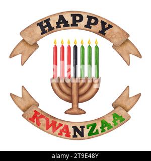 Kinara, sieben brennende Kerzen, rot-schwarz-grün. Text auf Bändern Happy Kwanzaa. Afroamerikanischer Urlaub. Handgezeichnete Aquarellillustration isoliert Stockfoto