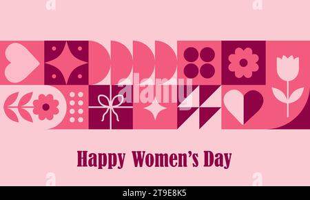 8. märz Moderne neo geometrische abstrakte Hintergrund. Internationales Poster zum Frauentag. Komposition einfacher Ikonen im minimalistischen bauhaus-Stil. Vektor Stock Vektor