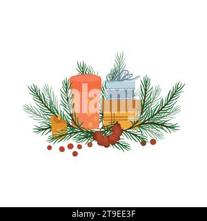 Winterkarte aus Tannenzweigen, Neujahrsgeschenke mit einer Kerze und einem Zweig rowan. Modernes Design für Weihnachtseinladungskarte, Poster, Banner Stock Vektor