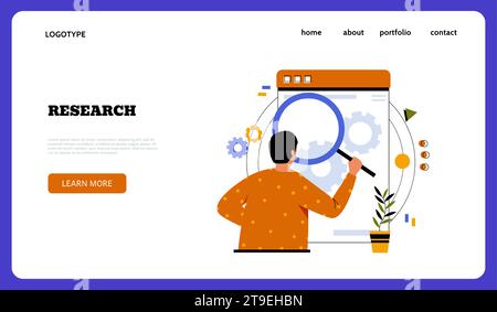 Startseite für Browserforschung. Mann sucht Informationen mit Lupe. Website-Design-Vorlage. Web-Content-Analyse. Business Experience. Software-Entwicklung Stock Vektor