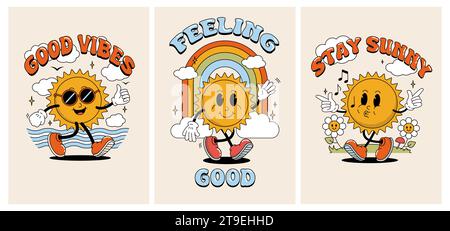 Groovige Retro-Sonne. Vintage-Lächeln, gute Vibes und inspirierende Poster mit bleibender Sonne. Lustiger Sommeraufkleber mit Gesicht, festliches Motivationsposter. 1970er Jahre Hip Stock Vektor