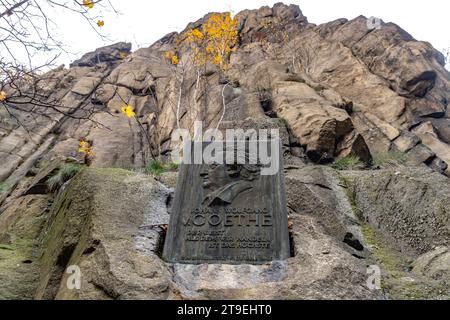 Gedenktafel Johann Wolfgang von Goethe im Bodetal im Harz bei Thale, Sachsen-Anhalt, Deutschland | Gedenktafel Johann Wolfgang von Goethe an der Th Stockfoto