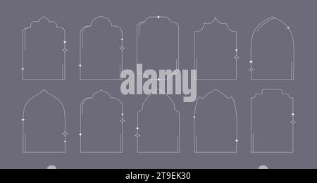 Islamische Fenster und Bögen im minimalen linearen Stil, die mit Sternen und Glitzern dekoriert sind. Moderne Rahmenkollektion im Y2K-Stil. Stock Vektor