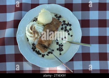 Apfelstrudel mit Eis und Vanillesauce, serviert in einem Gartenrestaurant in Bayern Stockfoto