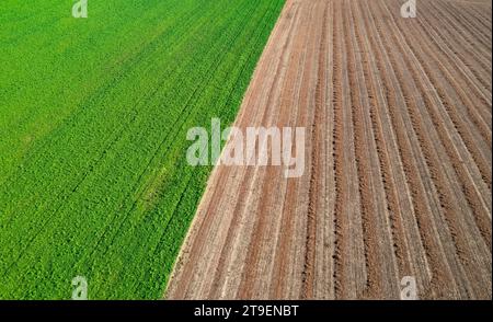 Drohnenansicht von grünen und ernteten Feldern, Innviertel, Oberösterreich, Österreich Stockfoto