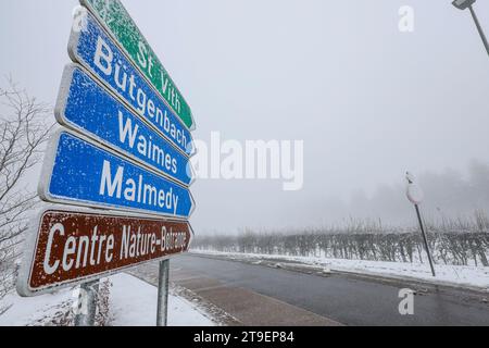 Waimes, Belgien. November 2023. Die Abbildung zeigt den ersten Schnee in Waimes in der Nähe des Baraque Michel am Samstag, den 25. November 2023. BELGA FOTO BRUNO FAHY Credit: Belga News Agency/Alamy Live News Stockfoto