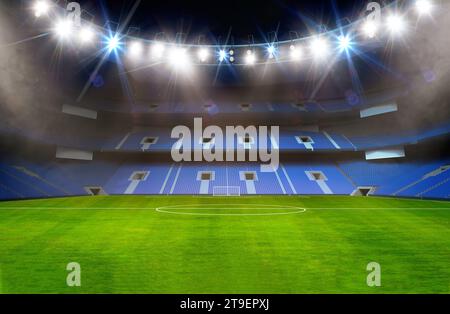 3D-Wiedergabe von Fußball oder Fußballfeld mit Fußballstadionhintergrund Stockfoto