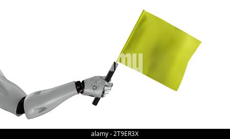 3D-Rendering-Roboterassistent für Fußball- oder Fußballschiedsrichter, der die Flagge isoliert auf weiß hält Stockfoto