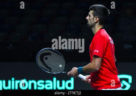 Malaga, Spanien. November 2023. Novak Djokovicim Finale Davis Cup 2023 Spiel Italien gegen Serbien der Palacio Martin Carpena, Spanien am 25. November 2023 in Malaga Credit: Independent Photo Agency/Alamy Live News Stockfoto