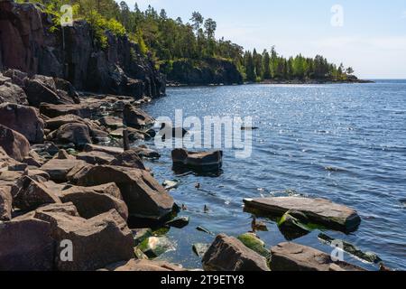 Valaam Island, klares Sewasser, felsiges Ufer und Pinien wachsen darauf Stockfoto