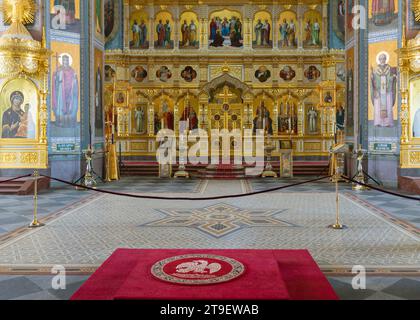 Ikonostase der Hauptkathedrale des Klosters von Valaam Island im Ladoga-See Stockfoto