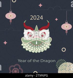 Chinesisches Neujahr 2024, Jahr des Drachen. Bannervorlage für das chinesische Neujahr mit Drachen und traditionellen Mustern. Stock Vektor