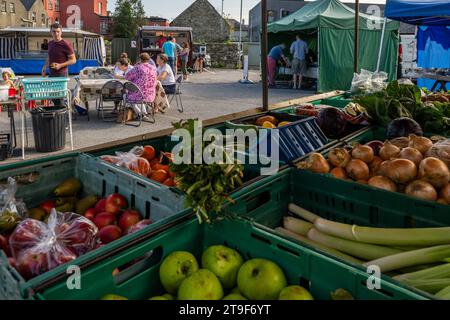 Obst- und Gemüsestand auf einem Landmarkt in Bandon, West Cork, Irland. Stockfoto