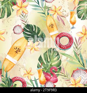 Sommer Urlaub Illustration Set. Aquarellzeichnung. Isoliertes Objekt. Nahtloses Muster. Sommerurlaub in einem tropischen Resort. Zeichnung für die Konstruktion Stockfoto