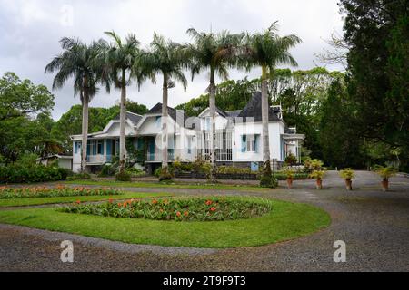 Außenansicht des Le Domaine des Aubineaux Plantation Estate Museum auf Mauritius an der Tea Route in Forest Side, Curepipe Stockfoto