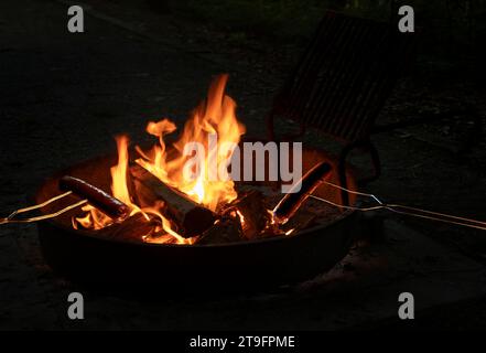 Zwei Frankfurter auf Metallspießen, die über einem offenen Feuer in einem Feuerring auf einem Campingplatz gekocht werden, während das letzte Licht im Wald verblasst. Stockfoto