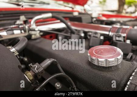 Detail des Motors eines restaurierten Autos auf einer Oldtimermesse in Londrina, Brasilien. Jährliches Oldtimer-Treffen. Stockfoto