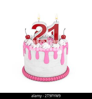 Konzept Zum 21. Geburtstag. Abstrakte Geburtstagscartoon Dessert Kirschkuchen mit Kerze zum einundzwanzigsten Jahrestag auf weißem Hintergrund. 3D-Rendering Stockfoto