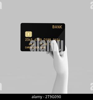 Schwarze goldene Plastikkreditkarte mit Chip in weißer abstrakter Hand auf weißem Hintergrund. 3D-Rendering Stockfoto
