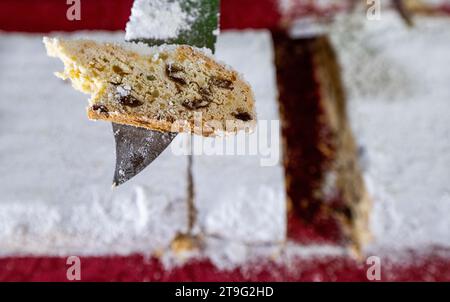 Dorfchemnitz, Deutschland. November 2023. Ein 40 Meter langer Weihnachtsstollen wird beim 1. Sächsischen Stollenfest im Walderlebnisdorf Blockhausen geschnitten. Der Stollen bestand aus Einzelstücken, die 25 Bäckereien aus drei Zünften (Erzgebirge, Vogtland und Meißen) beisteuerten. Die Stollenstücke wurden für einen guten Zweck verkauft. Kristin Schmidt/dpa/Alamy Live News Stockfoto