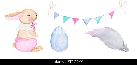 Aquarell Ostern süßes Set mit Haseneiern, Girlande und Federn. Isoliert auf weißem Hintergrund in weichen Pastellfarben für die Gestaltung von Karten und Stockfoto