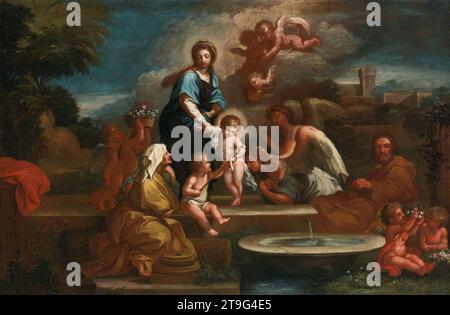 Heilige Familie mit Engeln in einer Landschaft - von Luigi Garzi Stockfoto