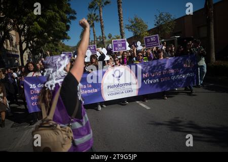 Malaga, Spanien. November 2023. Während einer Demonstration zum Internationalen Tag zur Beseitigung der Gewalt gegen Frauen wird eine Frau mit der Faust gesehen, als Demonstranten auf einer Straße marschieren. Dutzende Demonstranten gehen auf die Straßen von Malaga, um die Frauenmorde und -Mißbraucher in einer landesweiten Bewegung zu verurteilen, die jeden 25. November stattfindet. (Foto von Jesus Merida/SOPA Images/SIPA USA) Credit: SIPA USA/Alamy Live News Stockfoto