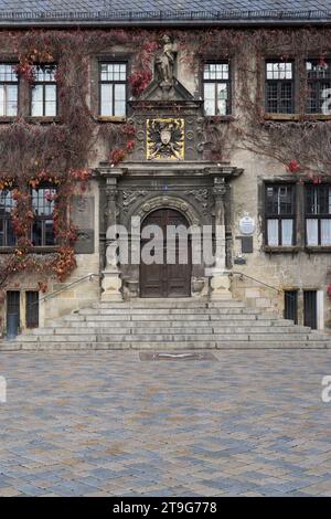 Detail des Rathauses in Quedlinburg im Herbst, Sachsen-Anhalt Stockfoto