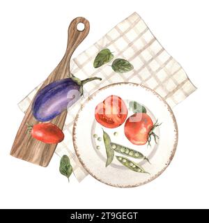 Zusammensetzung von Auberginen, Tomaten, Erbsen auf einem braunen Küchenschneidebrett und Textilhandtuch. Handgezeichnete Aquarellillustration Stockfoto