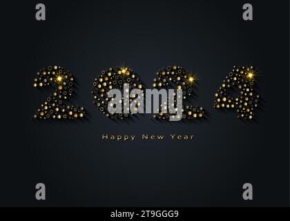Goldenes Silvester-Logo 2024. Weihnachtsgrußkarte. Luxuszahl in Mosaikfliesen. Vektor-Illustration für Einladung, Kalender, Party, festlich Stock Vektor