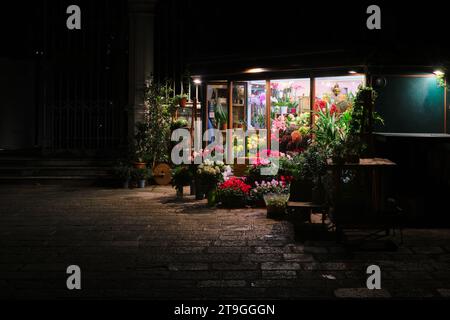 Venedig, Italien - 9. November 2023: Blumenladen mit einer wunderschönen Ausstellung der Nacht in einer dunklen Gasse Stockfoto