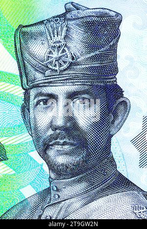 Sultan Hassanal Bolkiah Porträt auf Brunei 1-Dollar-Banknote. Banknote der Bank of Brunei Darussalam. Seine Majestät Sultan Haji Hassanal Bolkiah im Militär Stockfoto