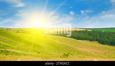 Felder, Wiesen und Weiden auf hügeligem Gelände und einem wunderschönen Sonnenuntergang. Stockfoto