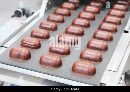 Süße Schokoladenkuchen auf einem Förderband in einer Industriefabrik Stockfoto