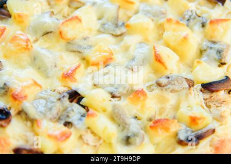Saftige, frische, appetitliche, köstliche Pizza mit Käse, Fleisch, Pilzen und Ananas, aus nächster Nähe. Stockfoto