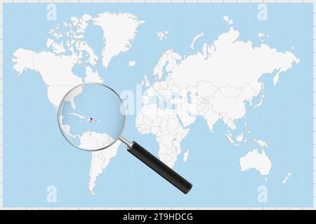 Lupe zeigt eine Karte der Dominikanischen Republik auf einer Weltkarte. Flagge und Karte der Dominikanischen Republik im Objektiv vergrößern. Vektorabbildung. Stock Vektor