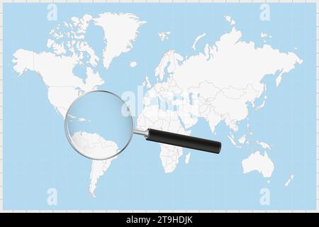 Lupe mit einer Karte von St. Vincent und den Grenadinen auf einer Weltkarte. St. Vincent und die Grenadinen Flagge und Karte werden in der Linse vergrößert. Vect Stock Vektor