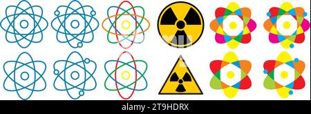 Symbolsatz mit Atom- und Energiesymbolen. Vektorabbildung. Stock Vektor