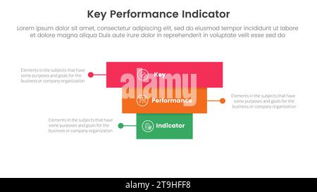 Infografik für kpi-Key-Performance-Indikator 3-Punkt-Objektvorlage mit rückwärtiger Struktur der Rechteckblockpyramide für Folienpräsentationsvektor Stockfoto