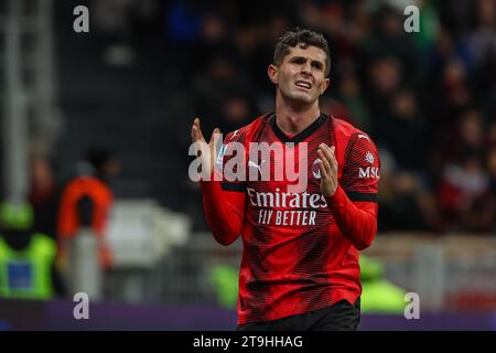 Mailand, Italien. November 2023. Christian Pulisic vom AC Milan reagierte am 25. November 2023 während des Fußballspiels der Serie A 2023/24 zwischen AC Milan und ACF Fiorentina im San Siro Stadion in Mailand Stockfoto