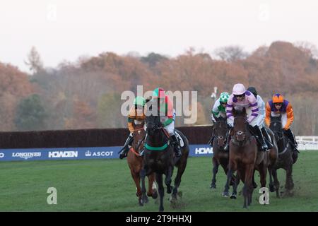 Ascot, Berkshire, Großbritannien. November 2023. Der von Jockey Harry Cobden (rosa Seide) geführte Spaziergang des Pferderegents gewinnt das Nirvana Spa Open National Hunt Flat Race beim November Racing Saturday Meeting auf der Ascot Racecourse. Dies war der vierte Sieg des Tages für Jockey Harry Cobden und Trainer Paul Nicholls. Besitzer Chris Giles. Trainer Paul Nicholls. Züchterin Rita Kent. Sponsor Der Morton Group. Quelle: Maureen McLean/Alamy Live News Stockfoto