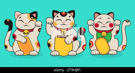 Isolierte Illustration von Maneki Neko. Drei verschiedene Charaktere von asiatischen glücklichen Katzen. Japanische Kultur. Comic Clipart. Vektorabbildung Stock Vektor