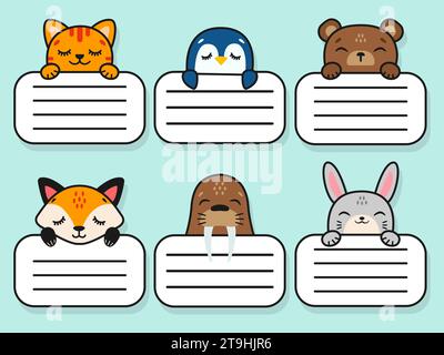 Niedliche niedliche Tiere. Satz von Vektoraufklebern. Aufkleber für ein Notizbuch mit Tieren Stock Vektor