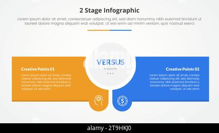 2-Punkte-Bühnenvorlage zum Vergleich gegensätzliches Infografikkonzept für Folienpräsentation mit Kreismitte und kreativem Rechteckkasten mit flachem Stall Stockfoto