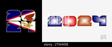 Jahr 2024 mit Flagge von Amerikanisch-Samoa und im Farbgeschmack von Amerikanisch-Samoa-Flagge. Happy New Year 2024 in zwei verschiedenen Stilen. Neujahrsdesign für Cale Stock Vektor