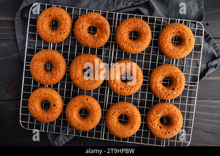 Baked Apple Cider Donuts Cooling on a Wire Rack: Frisch gebackene Donuts Cooling on a Wire Fack (von oben gesehen) Stockfoto